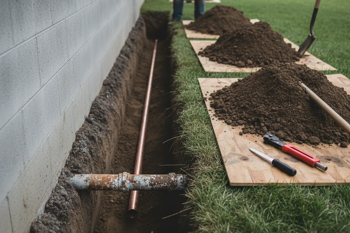 Excavated water line trench during Water Heater Repair in Bella Vista